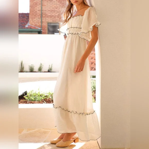 Flutter Sleeve Ruffled Empire Waist Square Neck Contrast Trim Tiered Maxi Dress - Picture 4 of 14